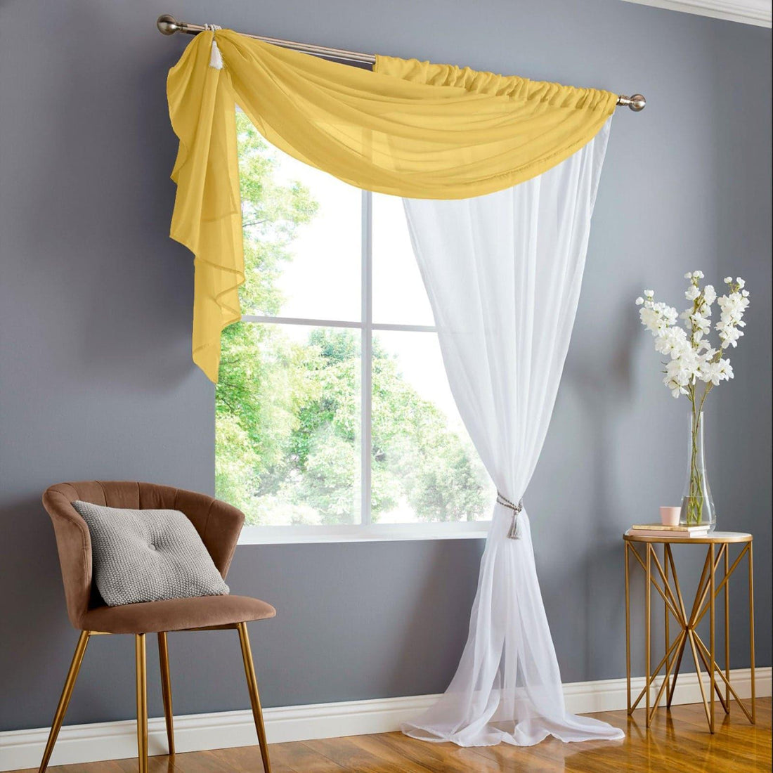 Double Display Sheer Ochre Voile Curtains Panel
