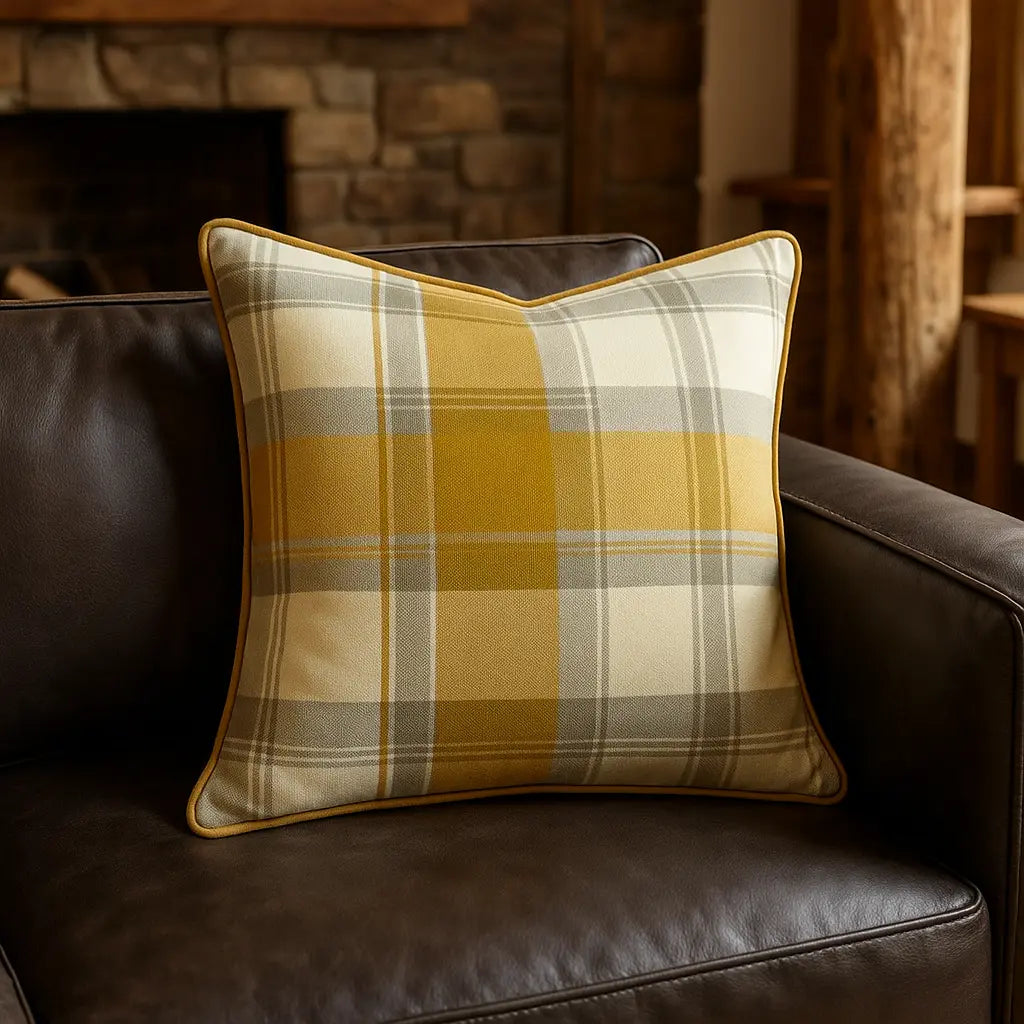 Balmoral Check 100% Cotton Ochre Cushion Cover Cosy Tartan Pattern 43cm x 43cm