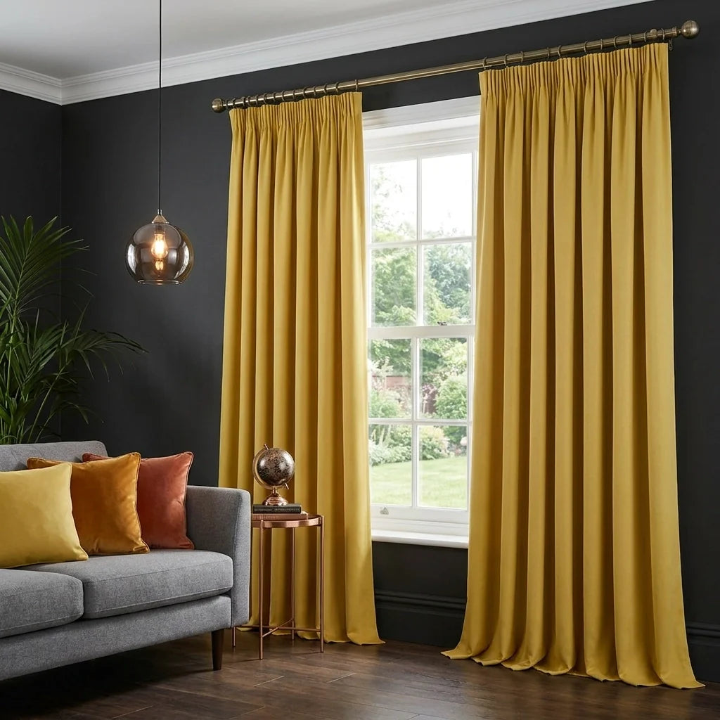 Ochre 100% Blackout Thermal Pencil Pleat Curtains