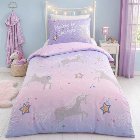 Ombre Unicorn lilac kids duvet cover set styled on a cheerful pastel bedroom bed