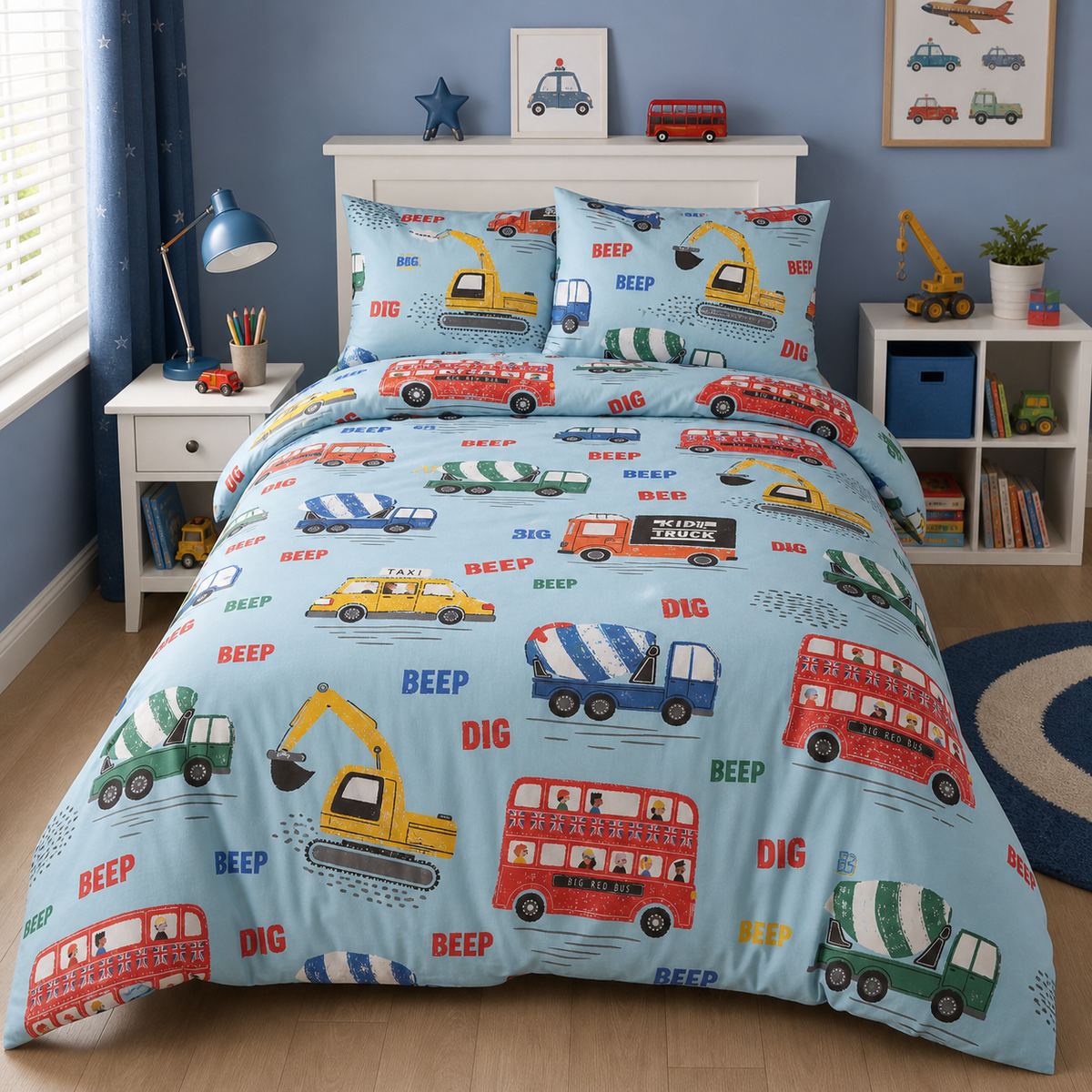 On the Move Kids Transport Duvet Cover Set styled on a bed in a coordinated bedroom lifestyle scene