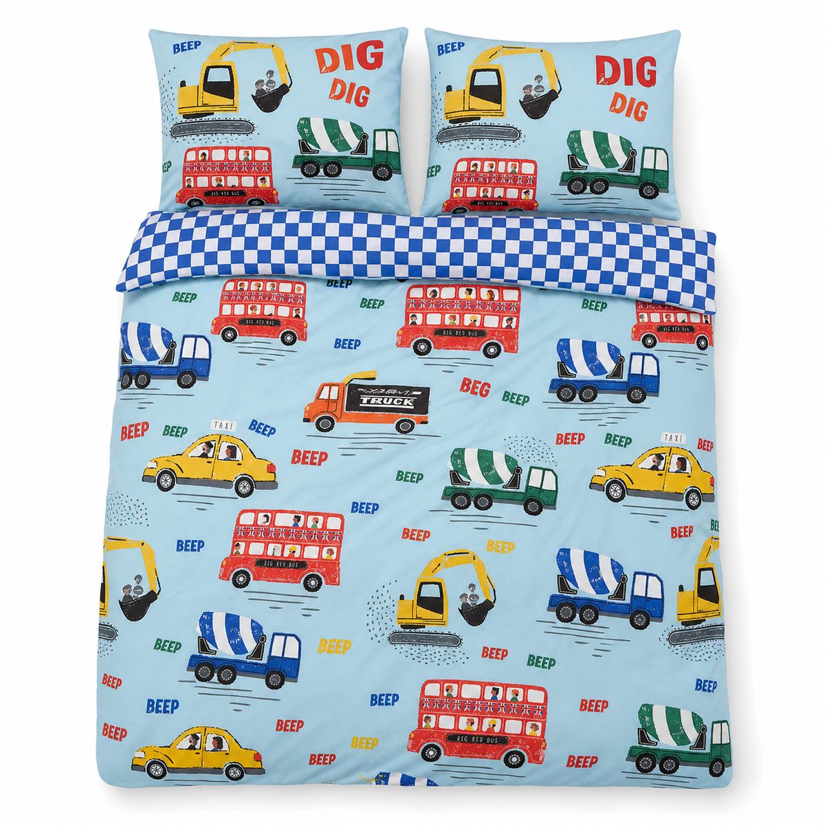 Overhead flat lay of the On the Move Kids Transport Duvet Cover Set with two matching pillowcases