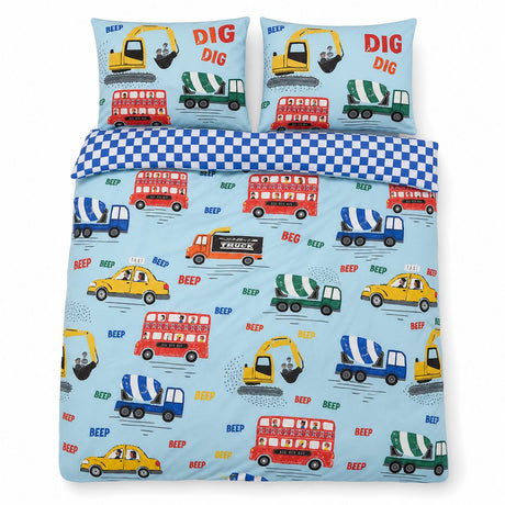 Overhead flat lay of the On the Move Kids Transport Duvet Cover Set with two matching pillowcases