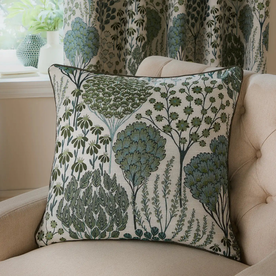 Ophelia Floral Jacquard Cushion Cover Thyme/Mineral 50 x 50cm