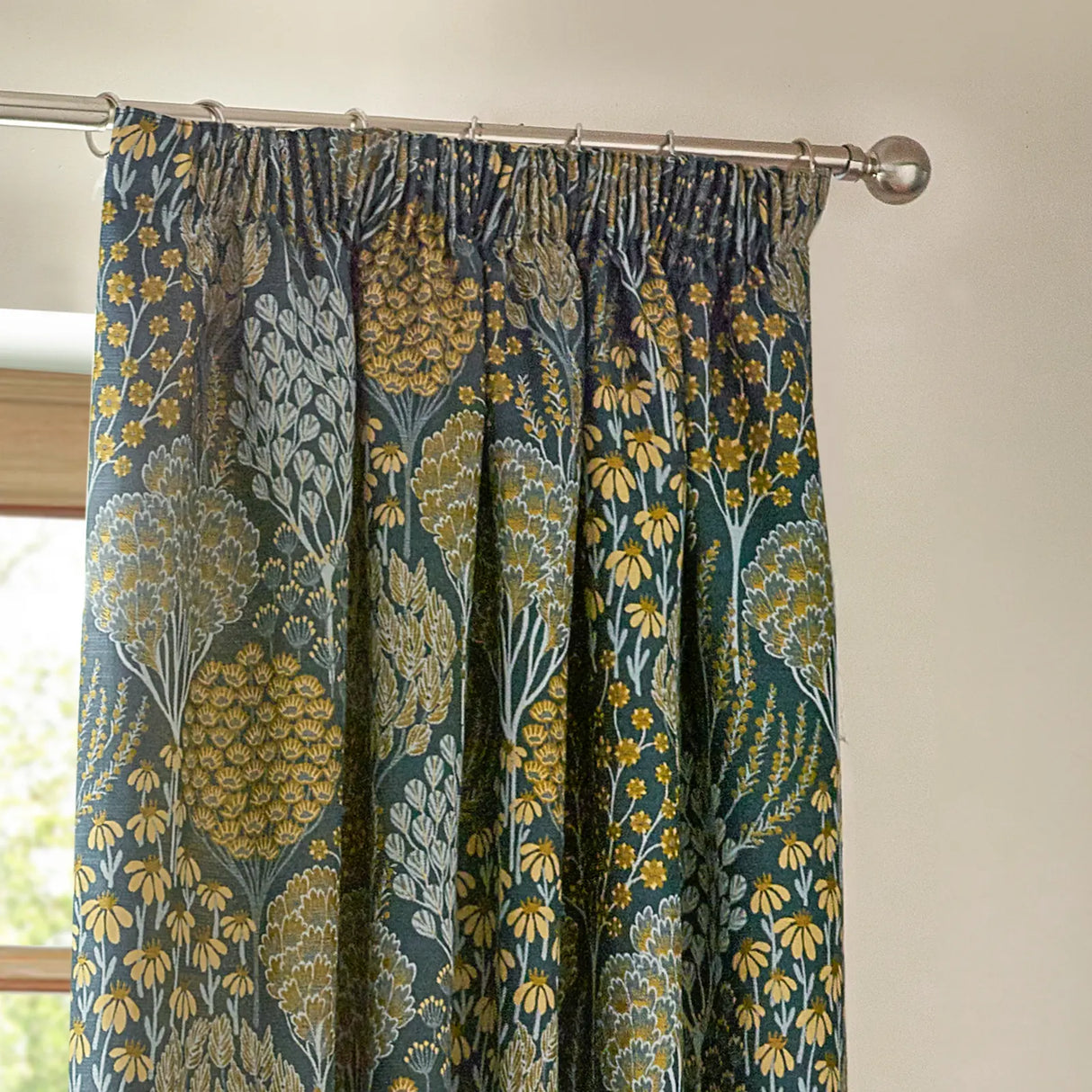 Ophelia Fully Lined Jacquard Floral Pencil Pleat Curtains Blue/Saffron - image 3
