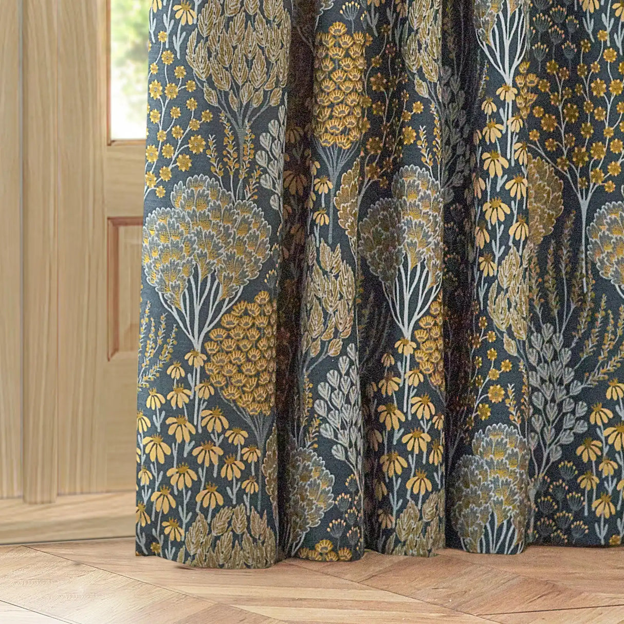 Ophelia Fully Lined Jacquard Floral Pencil Pleat Curtains Blue/Saffron - image 4