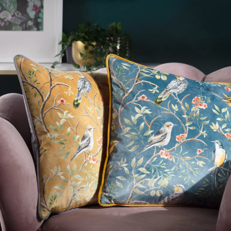Orient Chinoiserie Birds Velvet Slate Blue Cushion Cover 43cm x 43cm - additional product view 3
