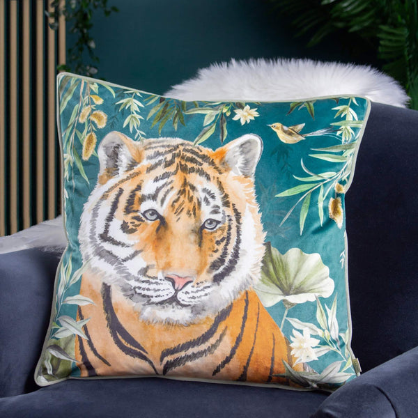 Orient Tiger Head Velvet Cushion Teal - Ideal