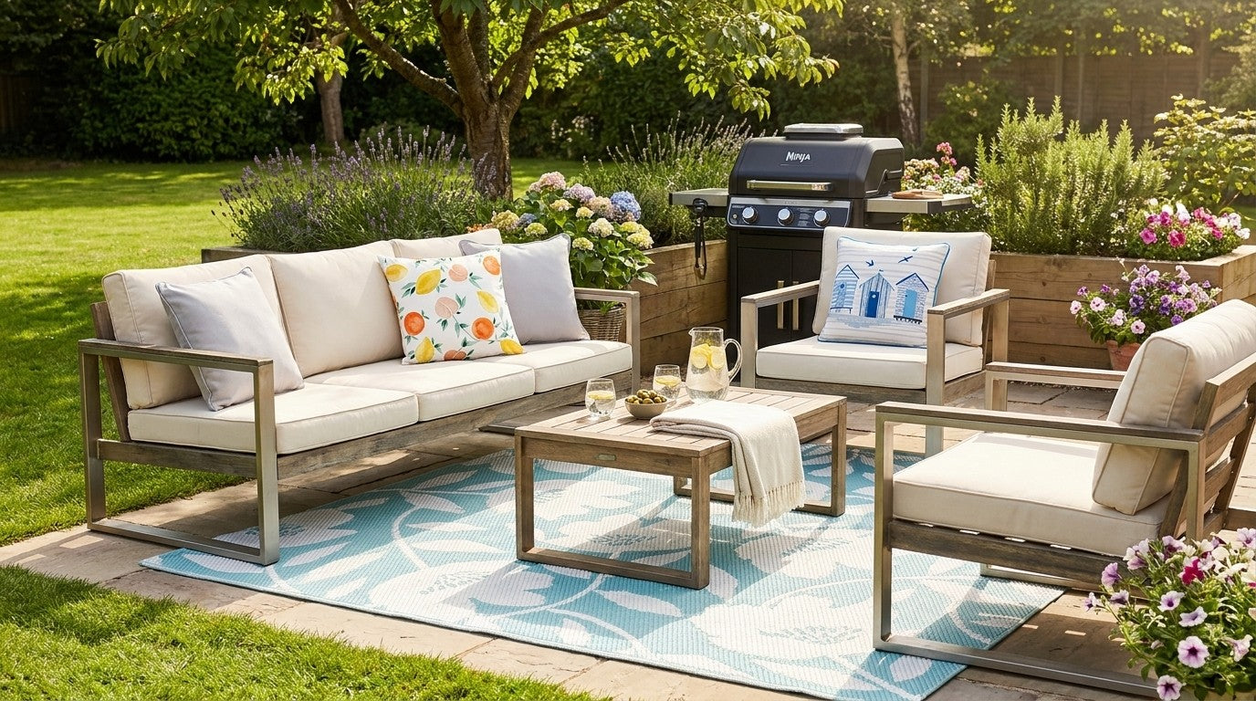 Outdoor patio set with furniture and decor in a garden setting