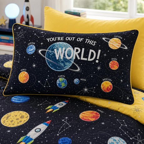 Close-up of the Outer Space kids pillowcase showing planets, rockets, orbit lines and stars