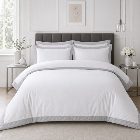 Oxford Edge 100% Cotton White Duvet Cover Set styled on a bed in a coordinated bedroom lifestyle scene