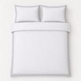 Overhead flat lay of the Oxford Edge 100% Cotton White Duvet Cover Set with two matching pillowcases