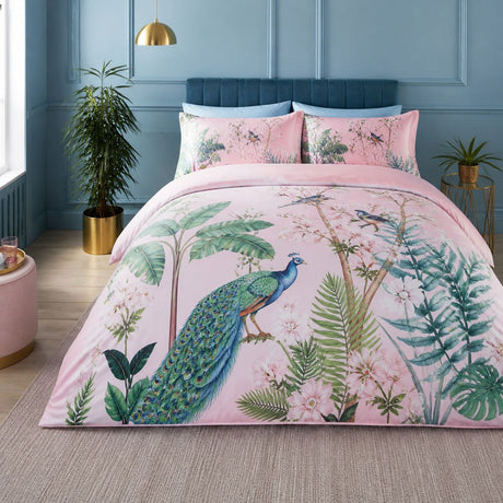 Peacock Jungle Polycotton Duvet Cover Set - Pink