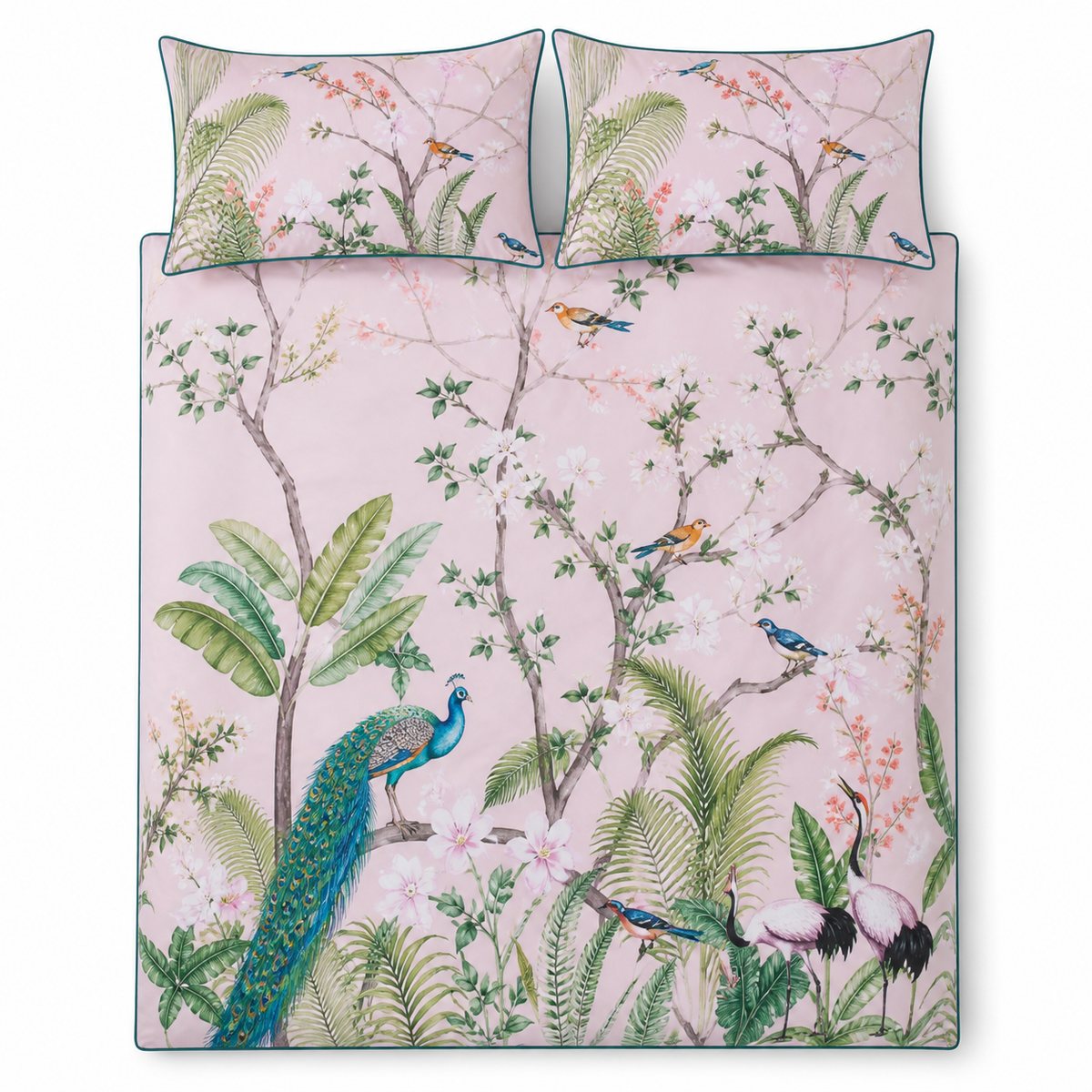 Overhead flat lay of the Peacock Jungle pink duvet cover set with two matching pillowcases