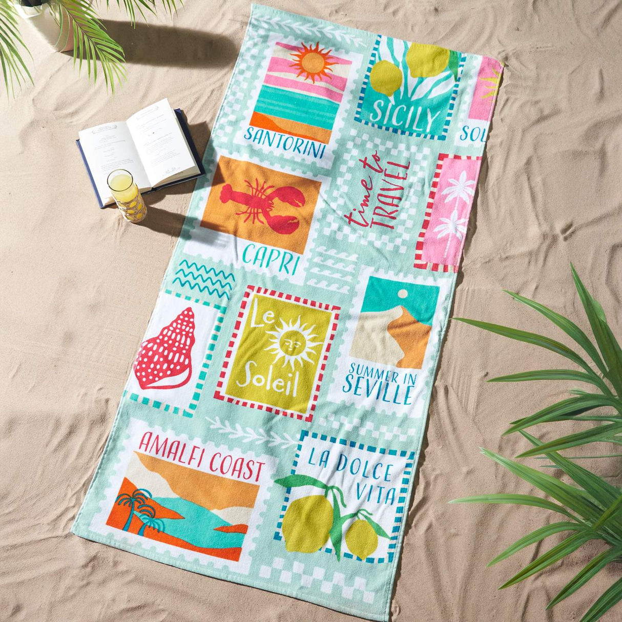 Catherine Lansfield Postcards 76x160cm Cotton Beach Towel Sage Green