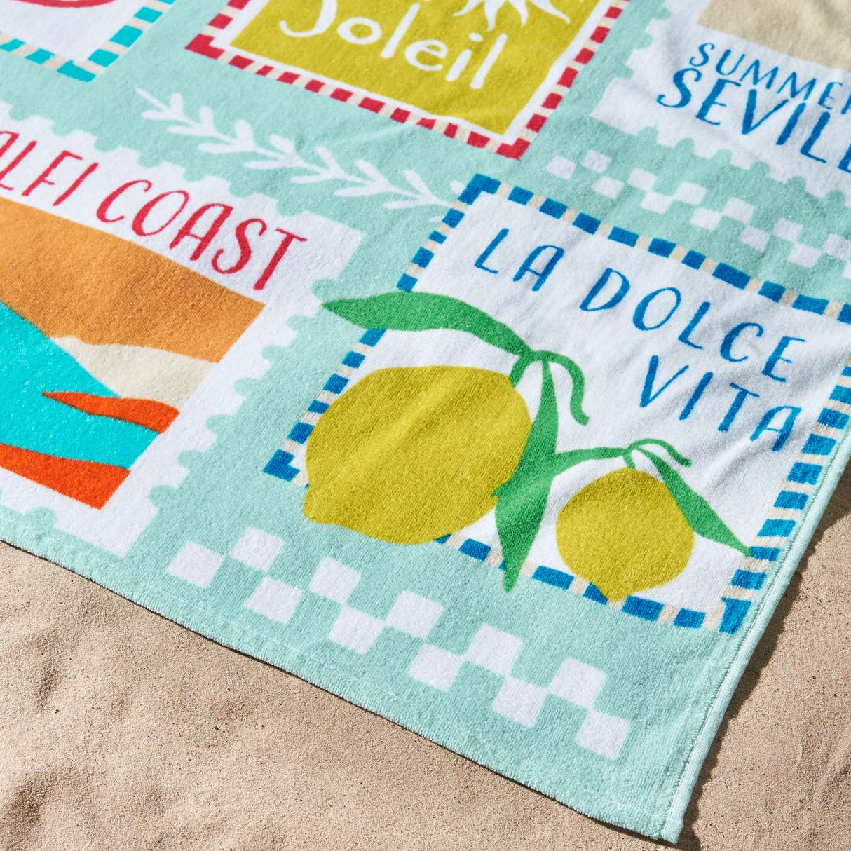 Catherine Lansfield Postcards 76x160cm Cotton Beach Towel Sage Green