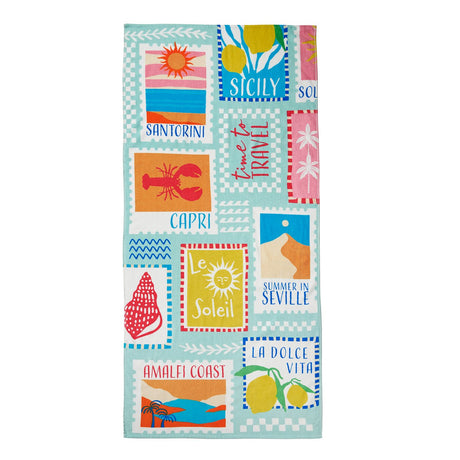 Catherine Lansfield Postcards 76x160cm Cotton Beach Towel Sage Green