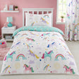 Rainbow Unicorn Kids Duvet Cover Set styled on a bed in a coordinated bedroom lifestyle scene