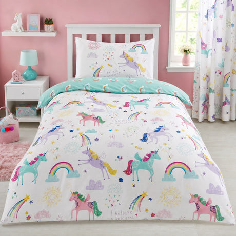 Rainbow Unicorn Kids Duvet Cover Set styled on a bed in a coordinated bedroom lifestyle scene
