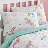 Close-up of matching Rainbow Unicorn Kids Duvet Cover Set pillowcases showing the pattern and fabric detail