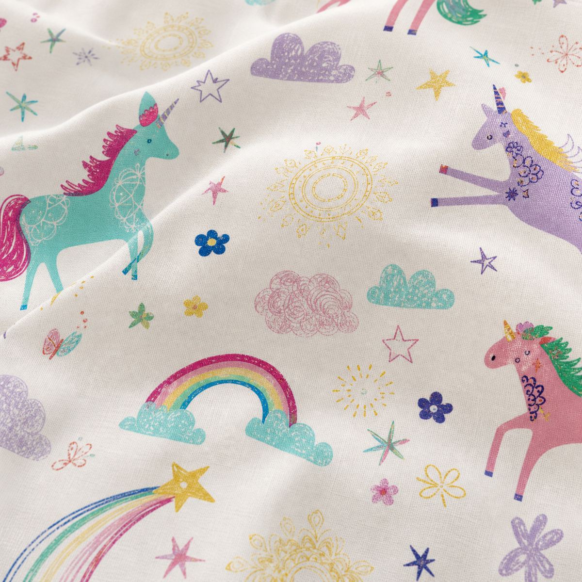 Macro close-up of the duvet cover fabric on the Rainbow Unicorn Kids Duvet Cover Set