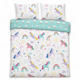 Overhead flat lay of the Rainbow Unicorn Kids Duvet Cover Set with two matching pillowcases