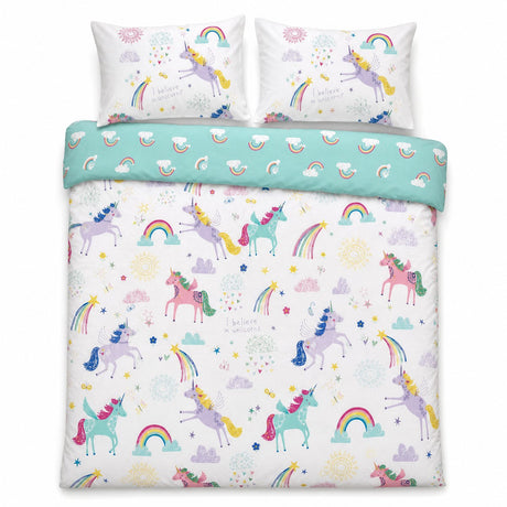 Overhead flat lay of the Rainbow Unicorn Kids Duvet Cover Set with two matching pillowcases