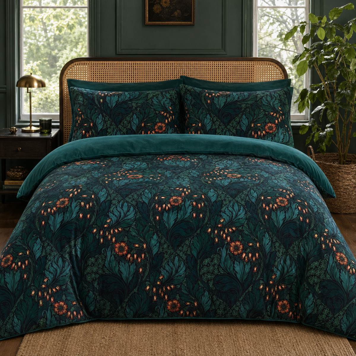 Laurence Llewelyn-Bowen Rambleicious teal velvet duvet cover set styled in a botanical bedroom