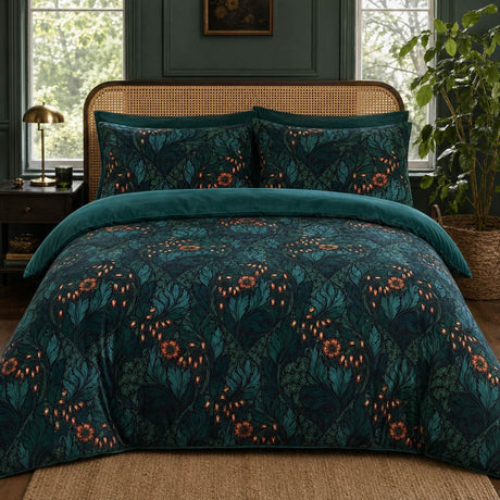 Laurence Llewelyn-Bowen Rambleicious teal velvet duvet cover set styled in a botanical bedroom