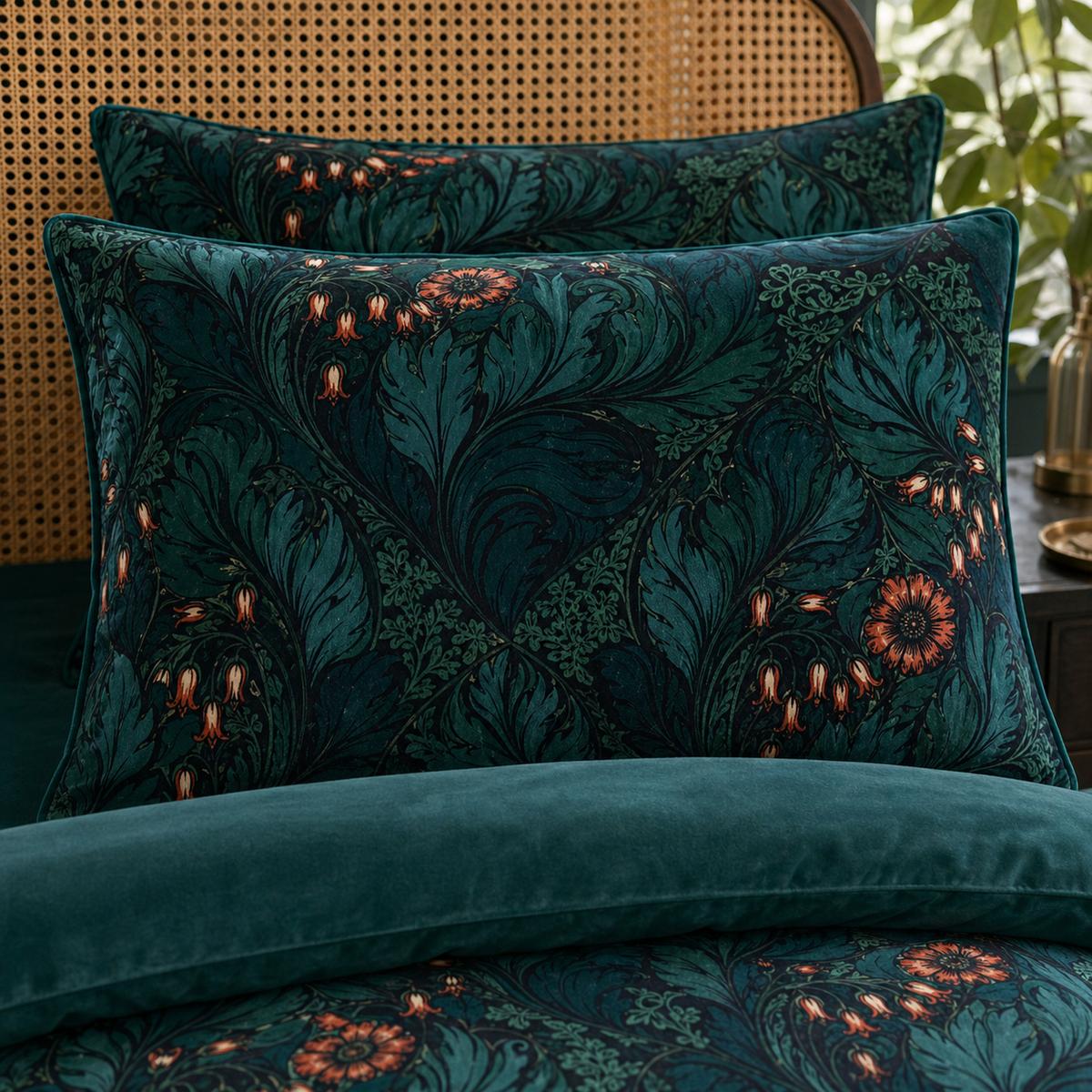 Close-up of Rambleicious velvet pillowcases with teal scrolling leaves and coral flower print