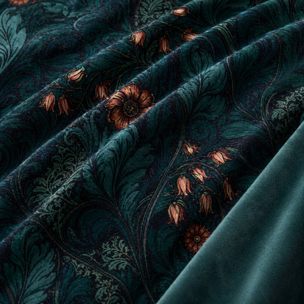Macro close-up of Rambleicious teal velvet fabric with dark botanical leaves and coral flowers