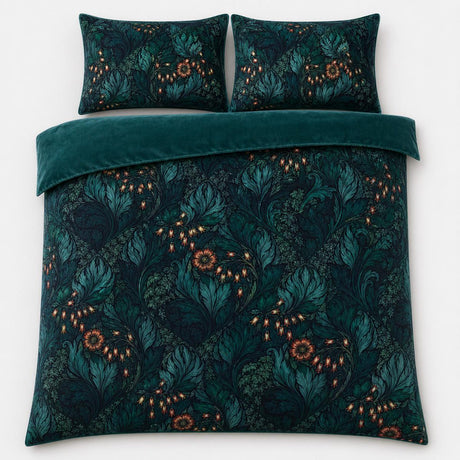 Overhead flat lay of the Rambleicious teal velvet duvet cover set with two pillows