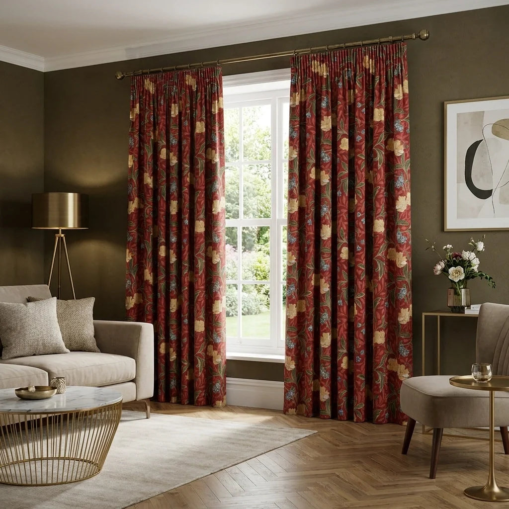 Sandringham Floral Red Thermal Pencil Pleat Tape Top Curtains