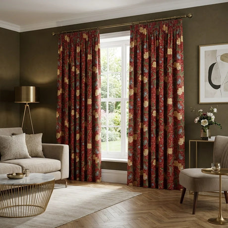 Sandringham Floral Pencil Pleat Tape Top Curtains - Red