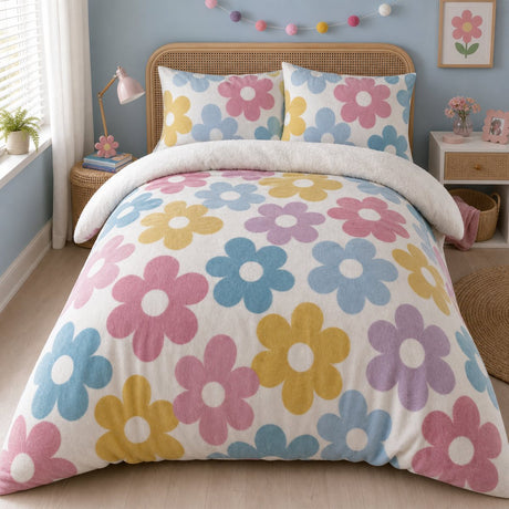 Retro Flower Floral Duvet Cover Set styled on a bed in a coordinated bedroom lifestyle scene