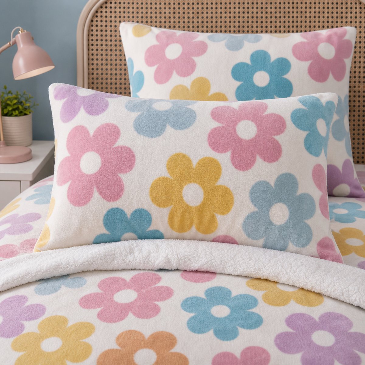 Close-up of matching Retro Flower Floral Duvet Cover Set pillowcases showing the pattern and fabric detail