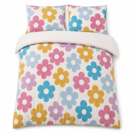 Overhead flat lay of the Retro Flower Floral Duvet Cover Set with two matching pillowcases