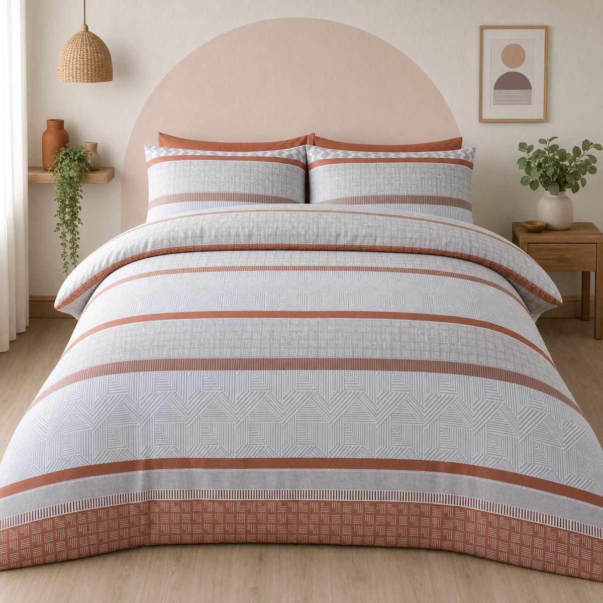 Rico Polycotton Duvet Cover Set in natural styled on a coordinated bedroom bed