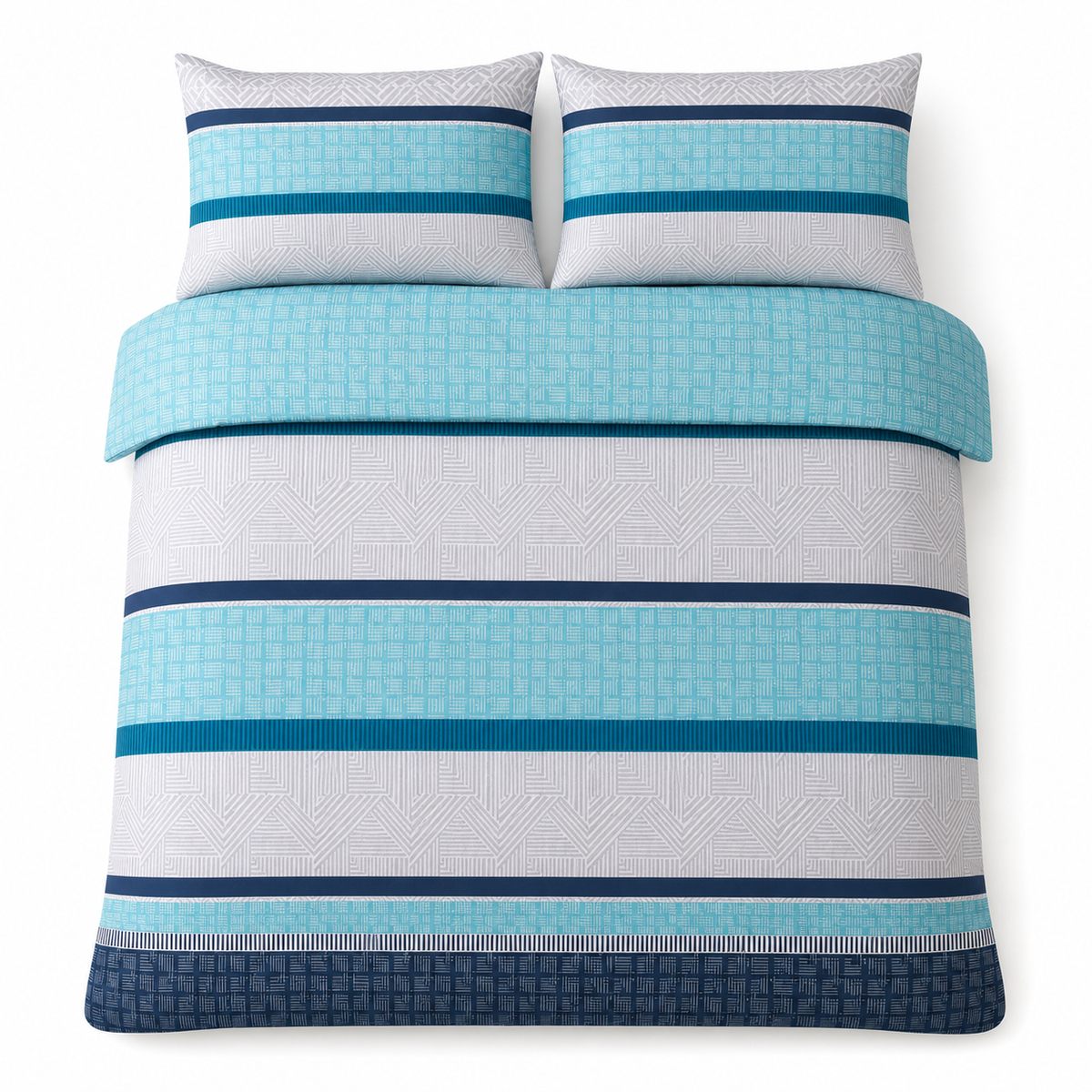 Overhead flat lay of the Rico Polycotton Duvet Cover Set in teal with two matching pillowcases