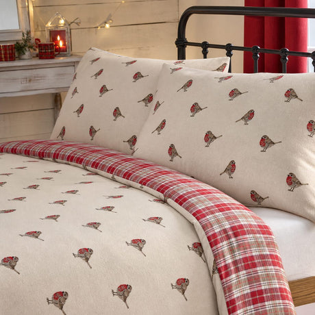 Close-up of matching Robin Flannelette Brushed Cotton Duvet Cover Set pillowcases showing the pattern and fabric detail