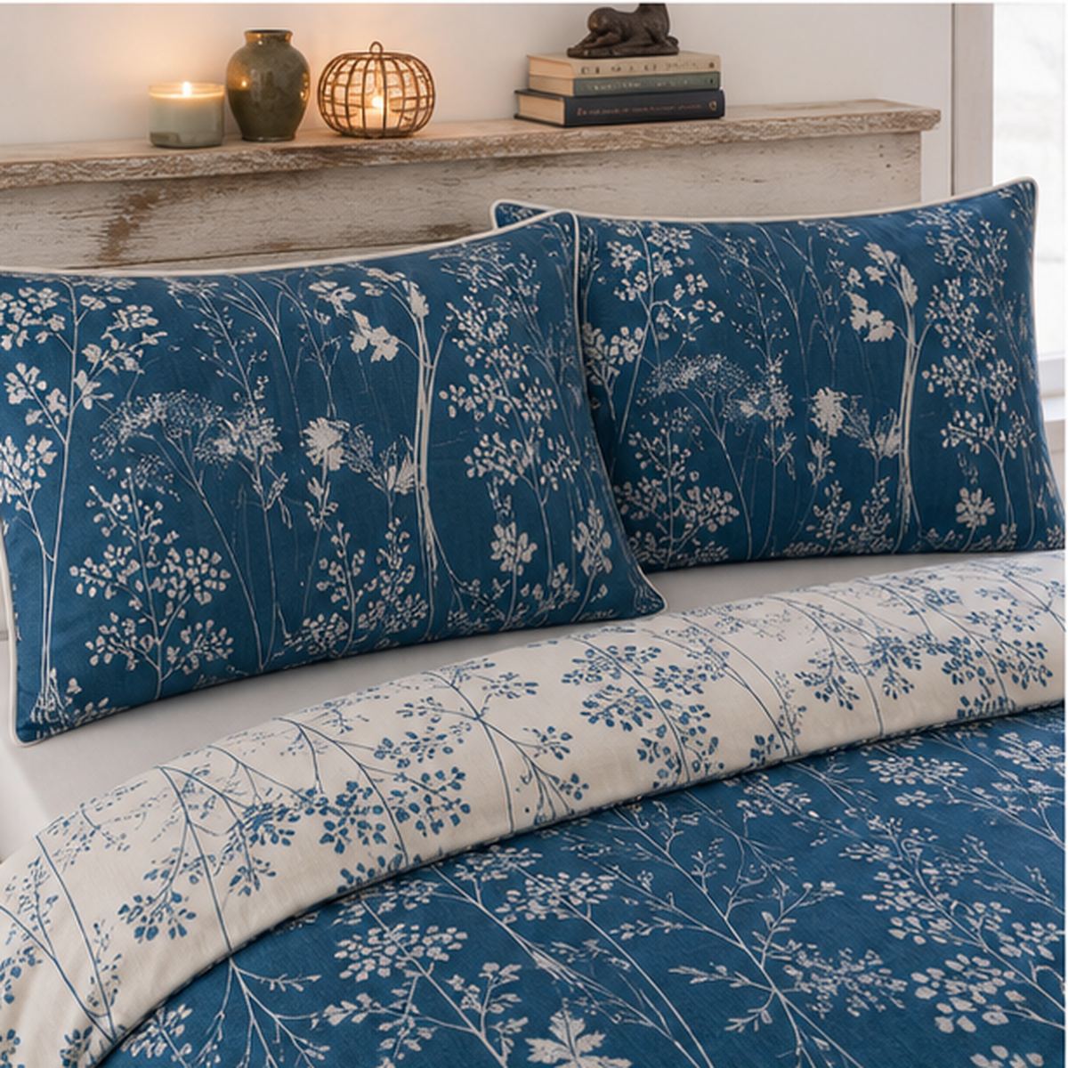Close-up of Rohan 100% Cotton Duvet Cover Set in blue pillowcases showing the print and fabric detail