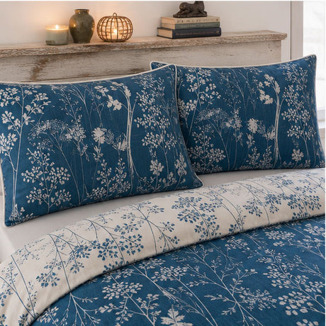 Close-up of Rohan 100% Cotton Duvet Cover Set in blue pillowcases showing the print and fabric detail