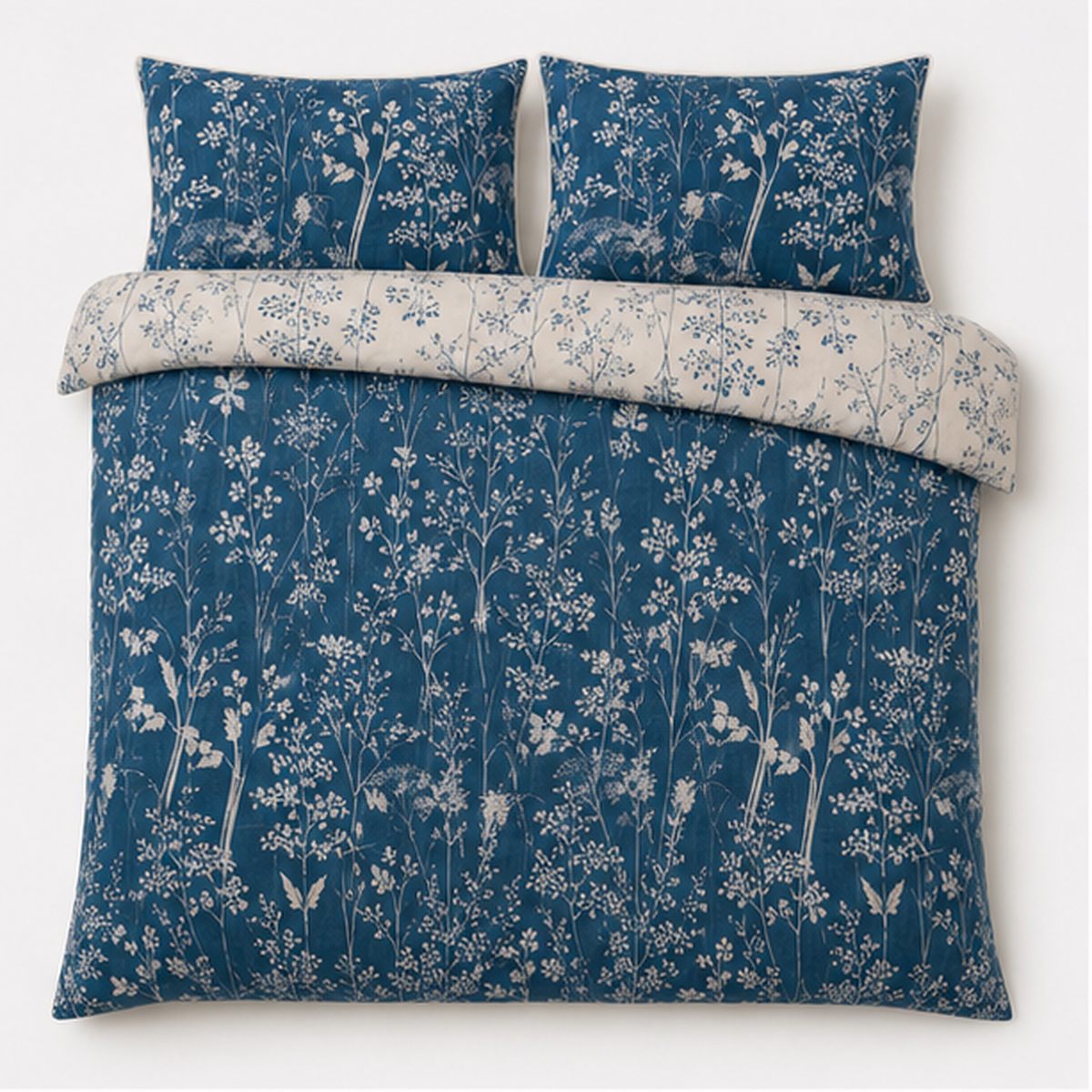 Overhead flat lay of the Rohan 100% Cotton Duvet Cover Set in blue with two matching pillowcases
