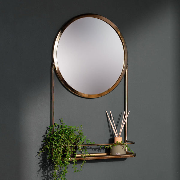 Round Brass Shelf Wall Mirror - Ideal