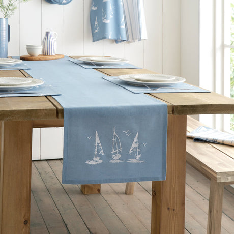 Catherine Lansfield Salcombe Boats Cotton 33x220cm Dining Table Runner Blue