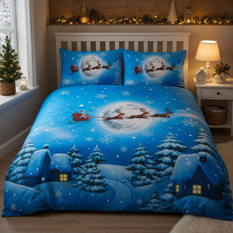 Santa Glow in the Dark Christmas Polycotton Duvet Cover Set styled on a bed in a coordinated bedroom lifestyle scene