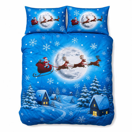 Overhead flat lay of the Santa Glow in the Dark Christmas Polycotton Duvet Cover Set with two matching pillowcases