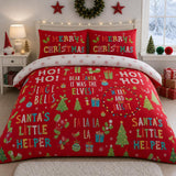 Santa's Little Helper Christmas Polycotton Duvet Cover Set styled on a bed in a coordinated bedroom lifestyle scene