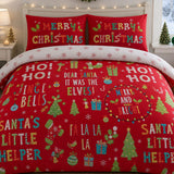 Close-up of matching Santa's Little Helper Christmas Polycotton Duvet Cover Set pillowcases showing the pattern and fabric detail