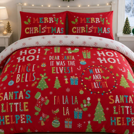 Close-up of matching Santa's Little Helper Christmas Polycotton Duvet Cover Set pillowcases showing the pattern and fabric detail